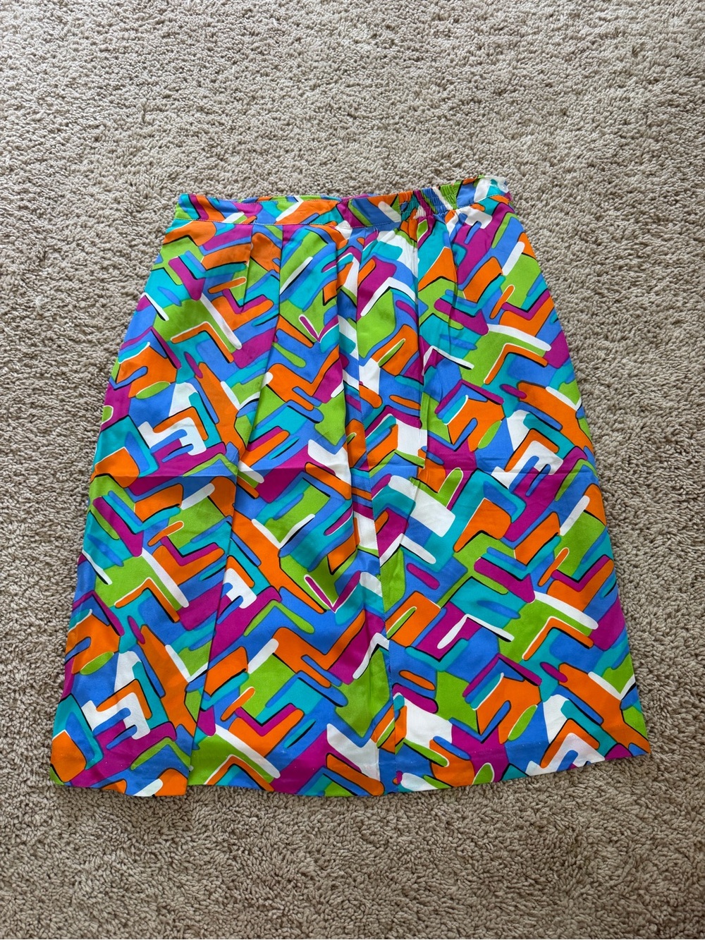 Vintage 100% Silk Abstract Print Midi Skirt Women’s Size 12 Colorful Retro